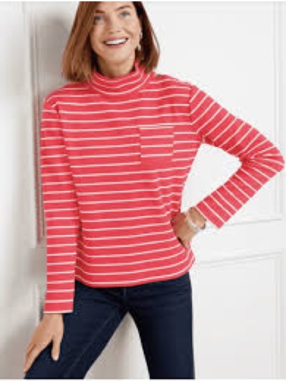 Talbots coral white stripe textured poly cotton spandex funnel neck top, XL.